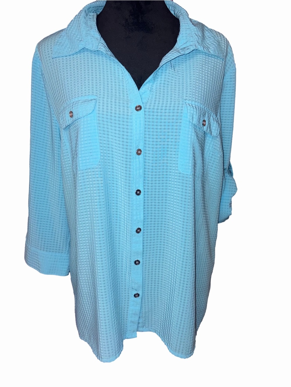 Notations Women’s XL Bright Blue Textured Button Down Roll Tab Shirt